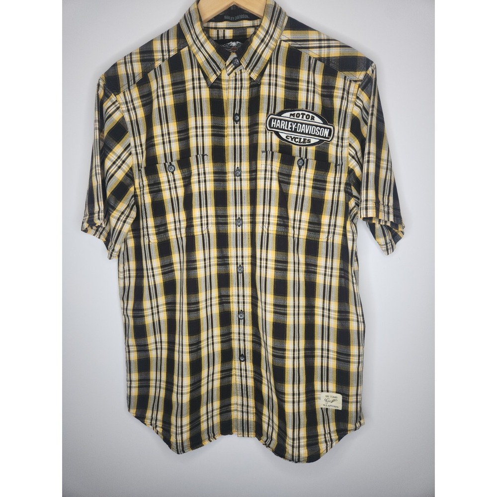 Harley Davidson Mens Yellow Plaid Short Sleeve Button Up Shirt Medium Patch